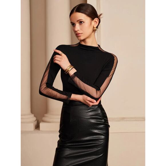 Commense Black Stretch Tulle Mesh Long Sleeve Glam Minimalist Top XL - Picture 1 of 4